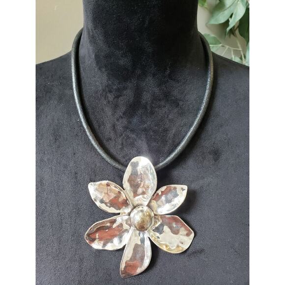 Women's Silver Flower Pendant Necklace Black Cord Lobster Clasp Statement - Picture 2 of 5